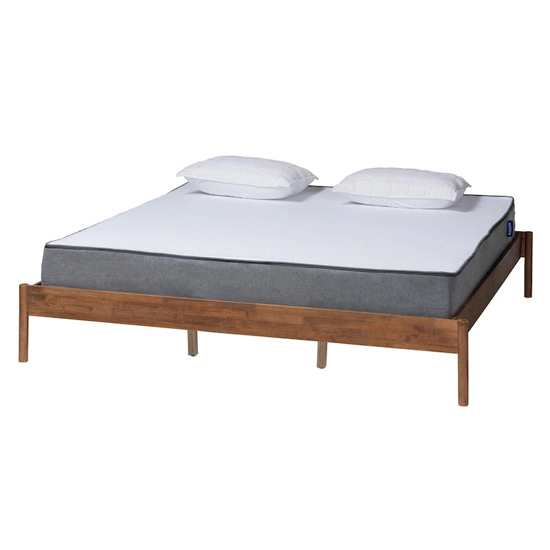 Queen/King Mid-Century Modern Ash Walnut Wood Platform Bed Frame - Low Profile, No Box Spring Needed, Rounded Legs