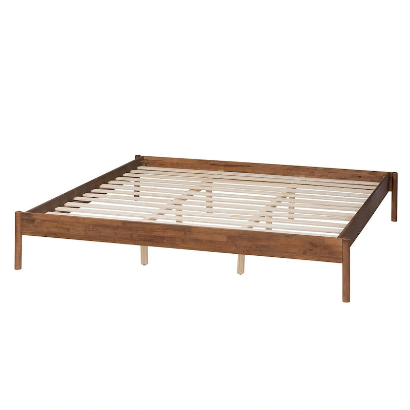 Queen/King Mid-Century Modern Ash Walnut Wood Platform Bed Frame - Low Profile, No Box Spring Needed, Rounded Legs