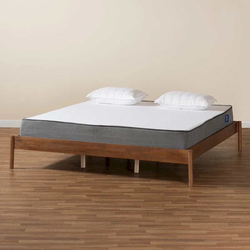 Queen/King Mid-Century Modern Ash Walnut Wood Platform Bed Frame - Low Profile, No Box Spring Needed, Rounded Legs