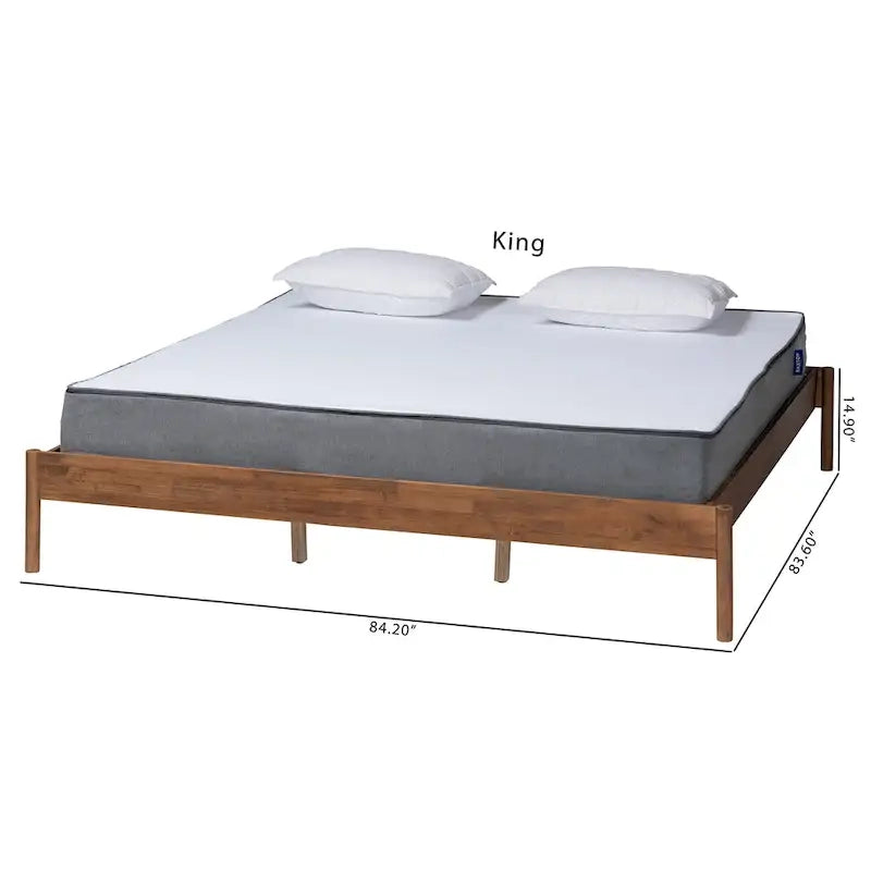Queen/King Mid-Century Modern Ash Walnut Wood Platform Bed Frame - Low Profile, No Box Spring Needed, Rounded Legs