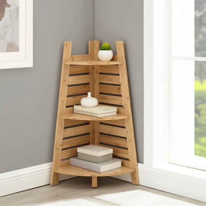 Bamboo Corner Shelf - 3 Tiers - 32.75"H - Solid Bamboo - Natural Wood Finish - 10 lbs Per Shelf - Space-Saving - 14.5"W x 14.5"D - Bathroom Kitchen Living Room
