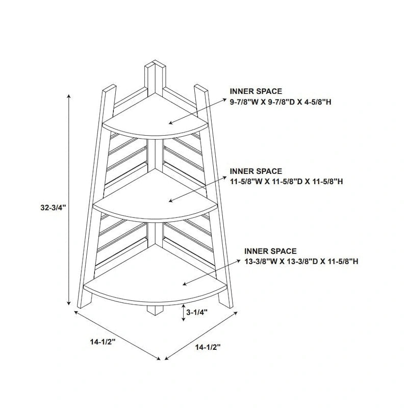 Bamboo Corner Shelf - 3 Tiers - 32.75"H - Solid Bamboo - Natural Wood Finish - 10 lbs Per Shelf - Space-Saving - 14.5"W x 14.5"D - Bathroom Kitchen Living Room