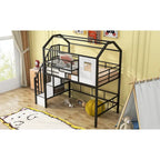 Metal Loft Bed with roof design and a storage box, Twin, Black