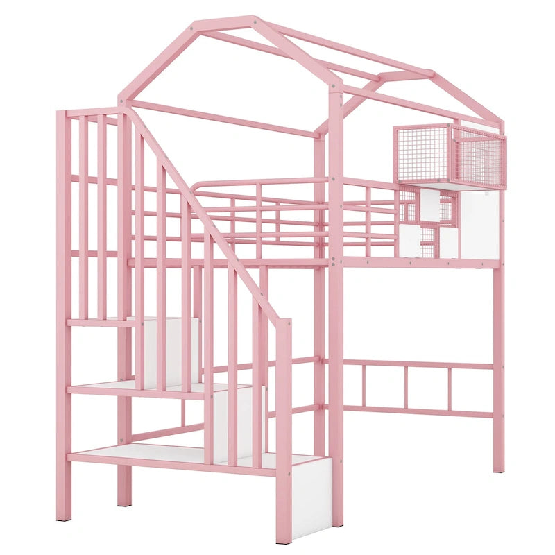 Twin Metal Loft Bed with House Roof Design, Storage Box & Safety Guardrails - Black Frame with Ladder for Kids Bedroom