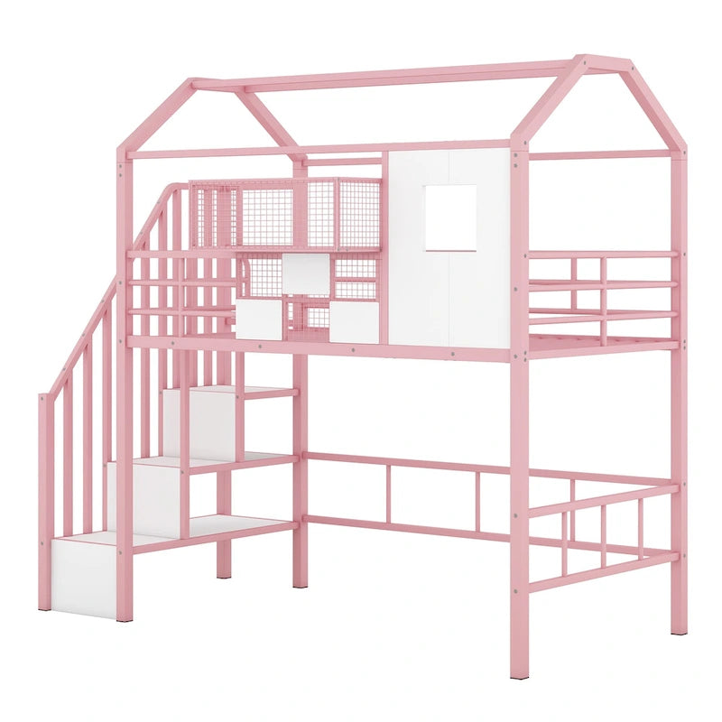 Twin Metal Loft Bed with House Roof Design, Storage Box & Safety Guardrails - Black Frame with Ladder for Kids Bedroom