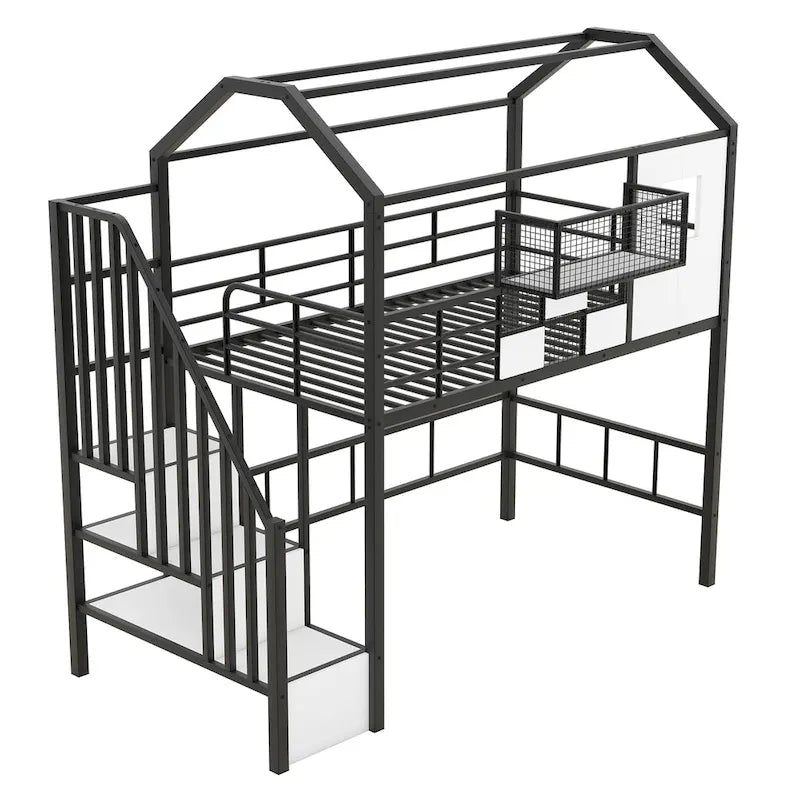 Twin Metal Loft Bed with House Roof Design, Storage Box & Safety Guardrails - Black Frame with Ladder for Kids Bedroom
