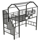 Twin Metal Loft Bed with House Roof Design, Storage Box & Safety Guardrails - Black Frame with Ladder for Kids Bedroom