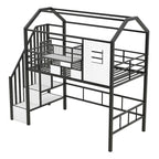 Twin Metal Loft Bed with House Roof Design, Storage Box & Safety Guardrails - Black Frame with Ladder for Kids Bedroom