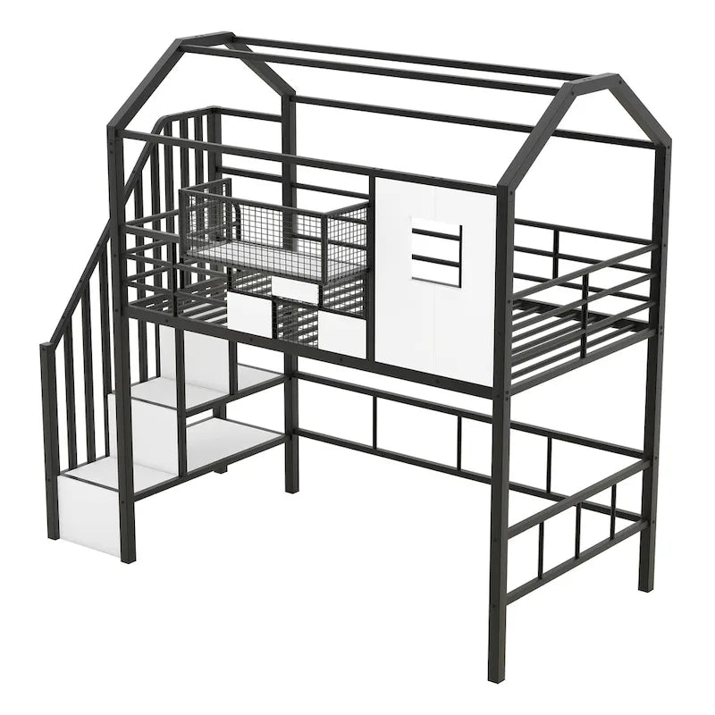 Twin Metal Loft Bed with House Roof Design, Storage Box & Safety Guardrails - Black Frame with Ladder for Kids Bedroom