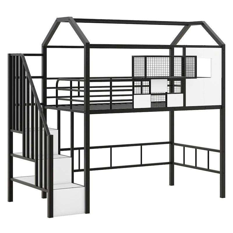 Twin Metal Loft Bed with House Roof Design, Storage Box & Safety Guardrails - Black Frame with Ladder for Kids Bedroom