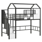 Twin Metal Loft Bed with House Roof Design, Storage Box & Safety Guardrails - Black Frame with Ladder for Kids Bedroom