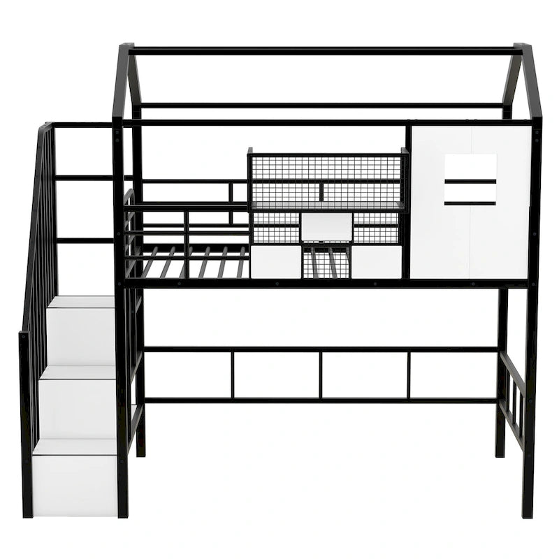 Twin Metal Loft Bed with House Roof Design, Storage Box & Safety Guardrails - Black Frame with Ladder for Kids Bedroom