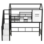 Twin Metal Loft Bed with House Roof Design, Storage Box & Safety Guardrails - Black Frame with Ladder for Kids Bedroom