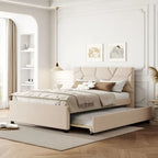 Full Size Upholstered Platform Bed with Brick Pattern Headboard and Twin Size Trundle, Linen Fabric, Beige