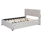 Full Size Linen Platform Bed with Twin Trundle - Brick Pattern Headboard, 400 lbs Capacity, No Box Spring Needed