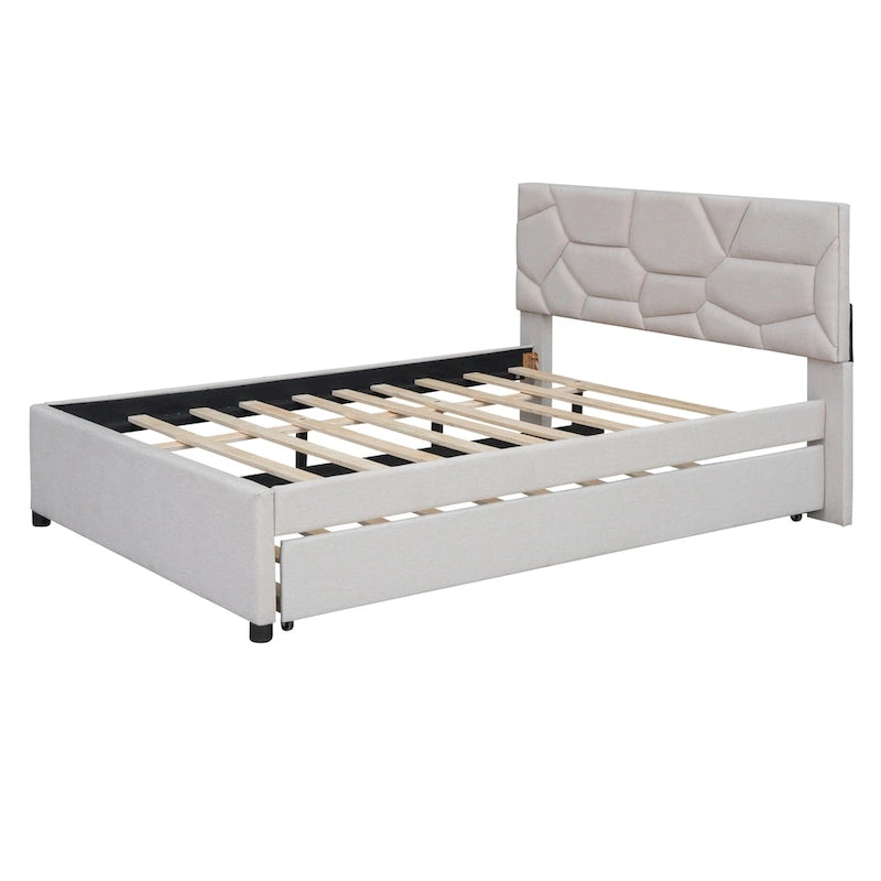 Full Size Linen Platform Bed with Twin Trundle - Brick Pattern Headboard, 400 lbs Capacity, No Box Spring Needed