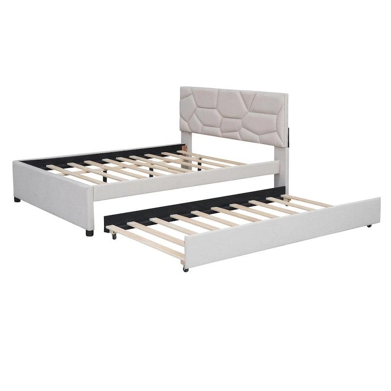 Full Size Linen Platform Bed with Twin Trundle - Brick Pattern Headboard, 400 lbs Capacity, No Box Spring Needed