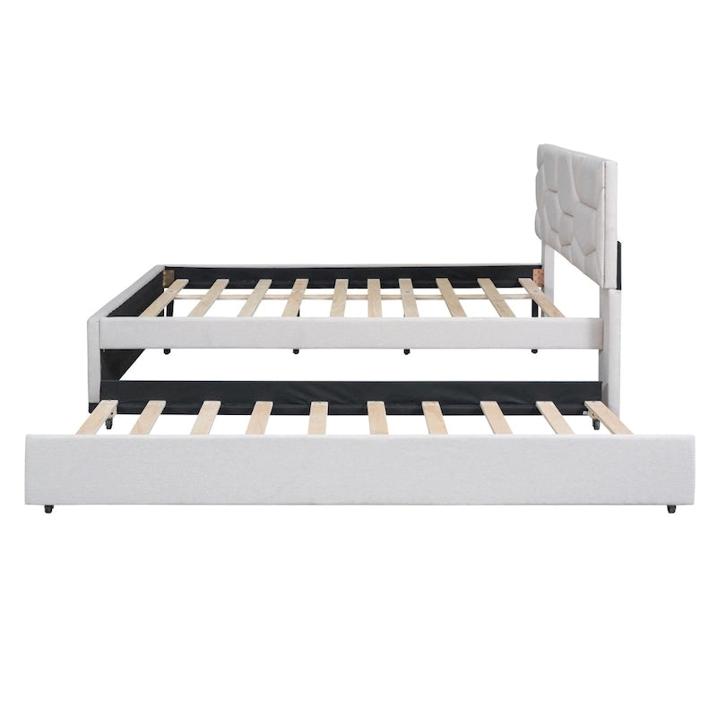 Full Size Linen Platform Bed with Twin Trundle - Brick Pattern Headboard, 400 lbs Capacity, No Box Spring Needed