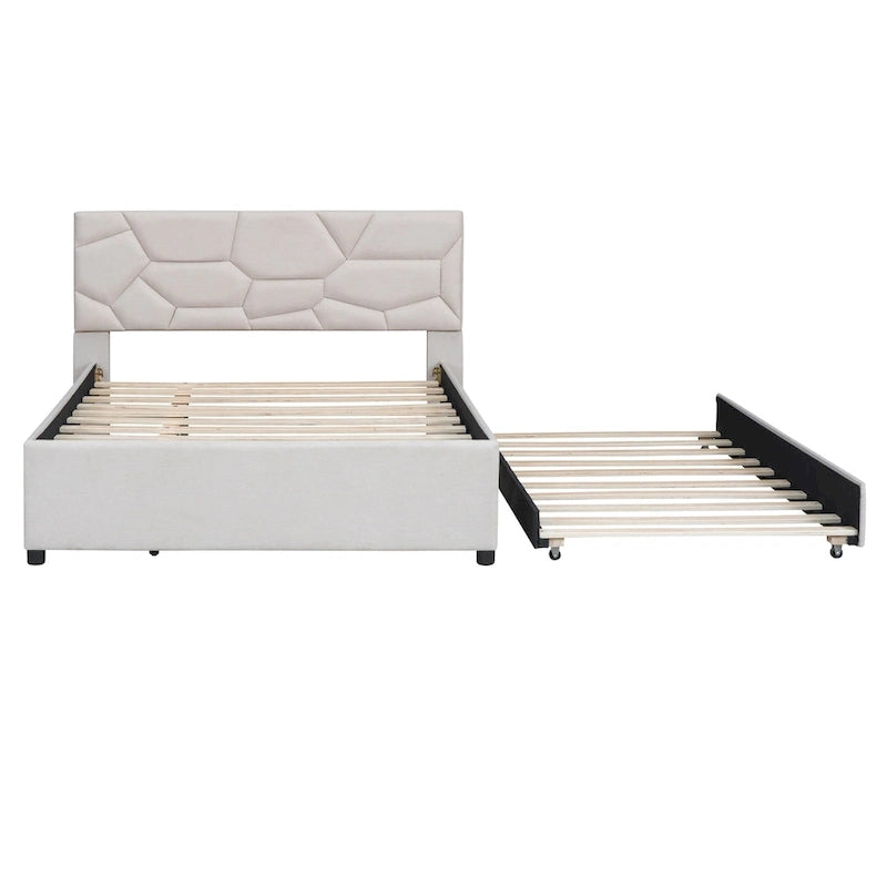 Full Size Linen Platform Bed with Twin Trundle - Brick Pattern Headboard, 400 lbs Capacity, No Box Spring Needed