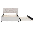Full Size Linen Platform Bed with Twin Trundle - Brick Pattern Headboard, 400 lbs Capacity, No Box Spring Needed