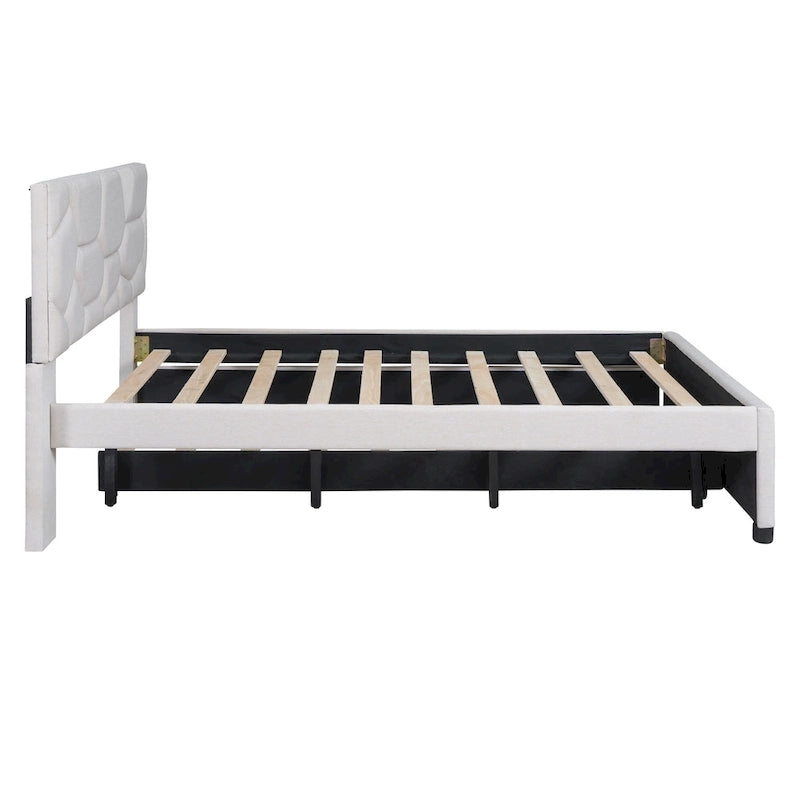 Full Size Linen Platform Bed with Twin Trundle - Brick Pattern Headboard, 400 lbs Capacity, No Box Spring Needed