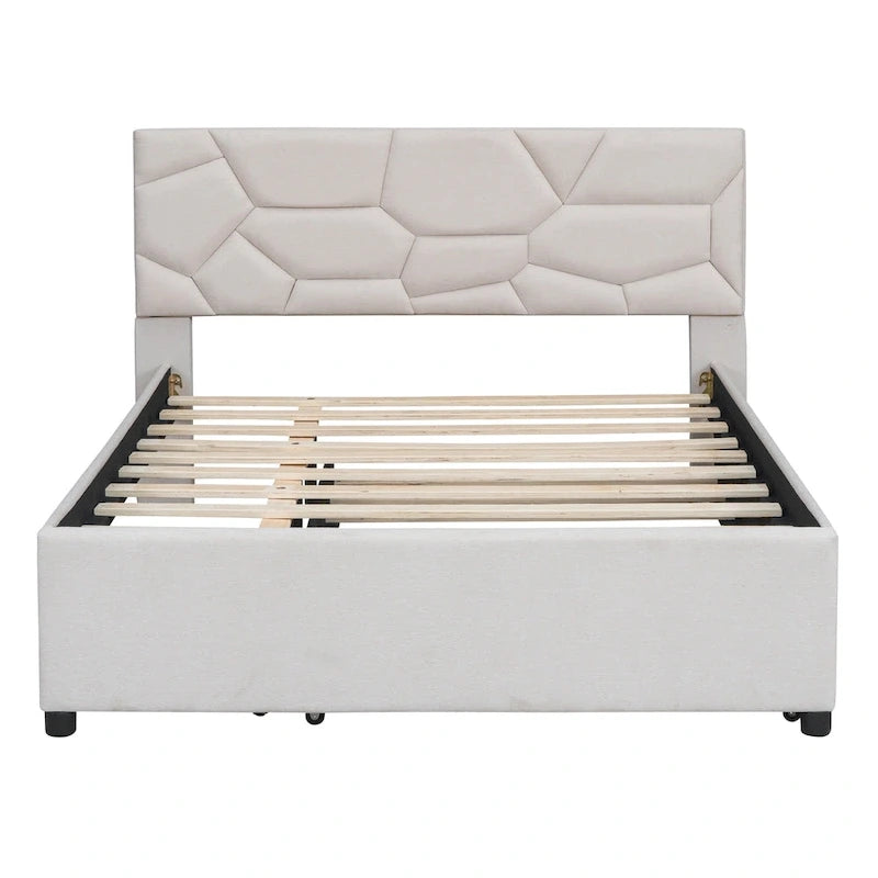 Full Size Linen Platform Bed with Twin Trundle - Brick Pattern Headboard, 400 lbs Capacity, No Box Spring Needed