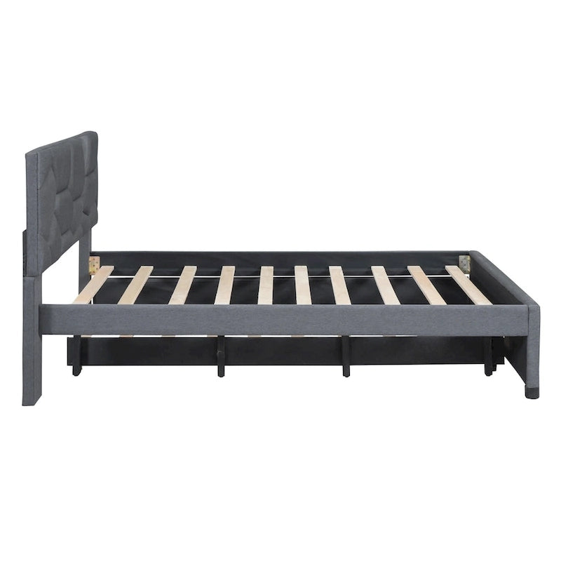 Full Size Linen Platform Bed with Twin Trundle - Brick Pattern Headboard, 400 lbs Capacity, No Box Spring Needed
