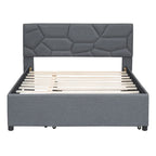 Full Size Linen Platform Bed with Twin Trundle - Brick Pattern Headboard, 400 lbs Capacity, No Box Spring Needed