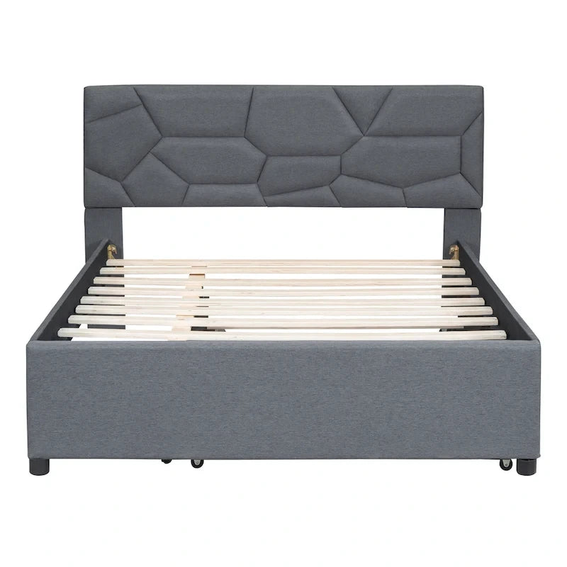 Full Size Linen Platform Bed with Twin Trundle - Brick Pattern Headboard, 400 lbs Capacity, No Box Spring Needed