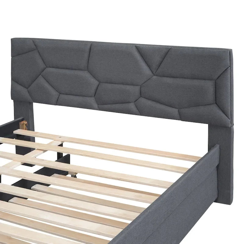 Full Size Linen Platform Bed with Twin Trundle - Brick Pattern Headboard, 400 lbs Capacity, No Box Spring Needed
