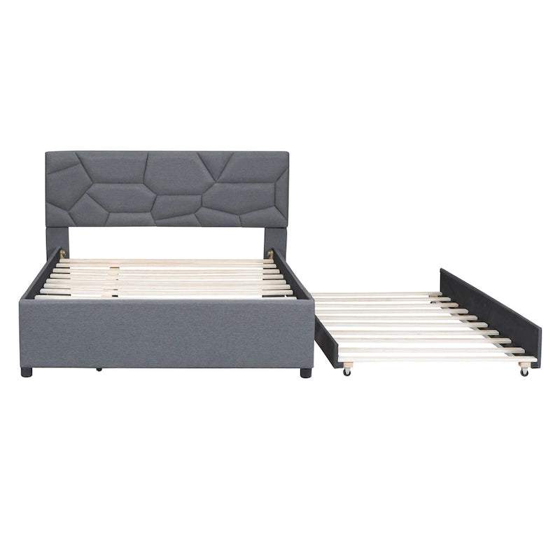 Full Size Linen Platform Bed with Twin Trundle - Brick Pattern Headboard, 400 lbs Capacity, No Box Spring Needed