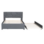 Full Size Linen Platform Bed with Twin Trundle - Brick Pattern Headboard, 400 lbs Capacity, No Box Spring Needed