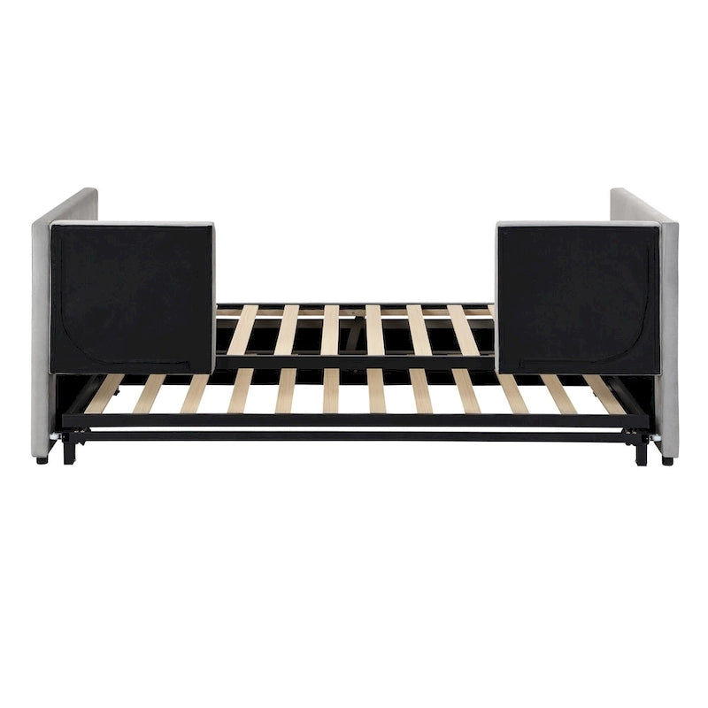 Twin Velvet Upholstered Daybed with Pop-Up Trundle - Expands to King, Backrest & Armrests, No Box Spring Needed