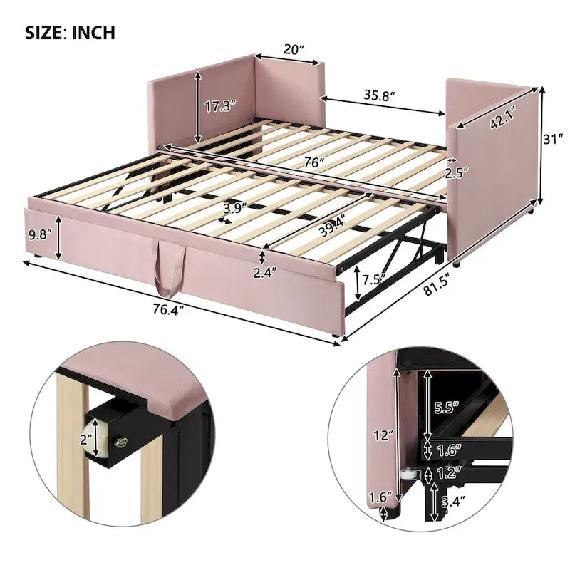 Twin Velvet Upholstered Daybed with Pop-Up Trundle - Expands to King, Backrest & Armrests, No Box Spring Needed