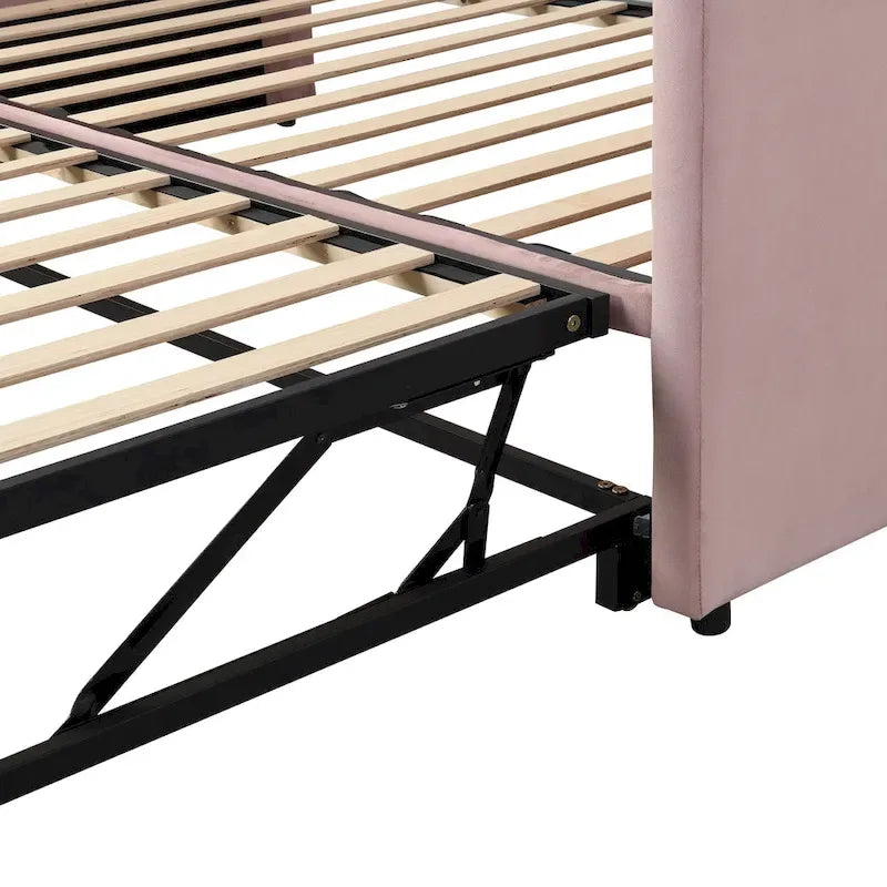 Twin Velvet Upholstered Daybed with Pop-Up Trundle - Expands to King, Backrest & Armrests, No Box Spring Needed