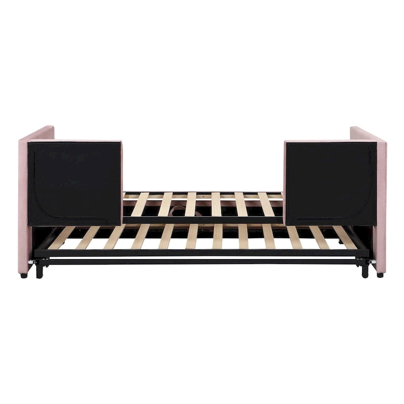 Twin Velvet Upholstered Daybed with Pop-Up Trundle - Expands to King, Backrest & Armrests, No Box Spring Needed