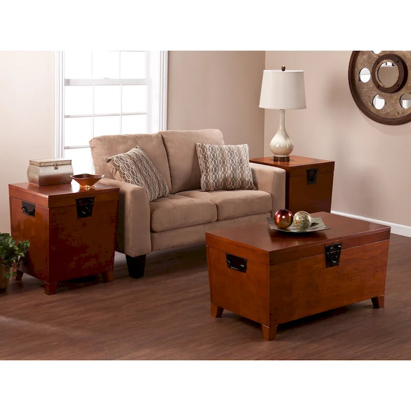 3-Piece Trunk Table Set - Mission Oak Coffee Table & 2 End Tables, Storage, Black Hardware, Pine Veneer, Safety Hinges