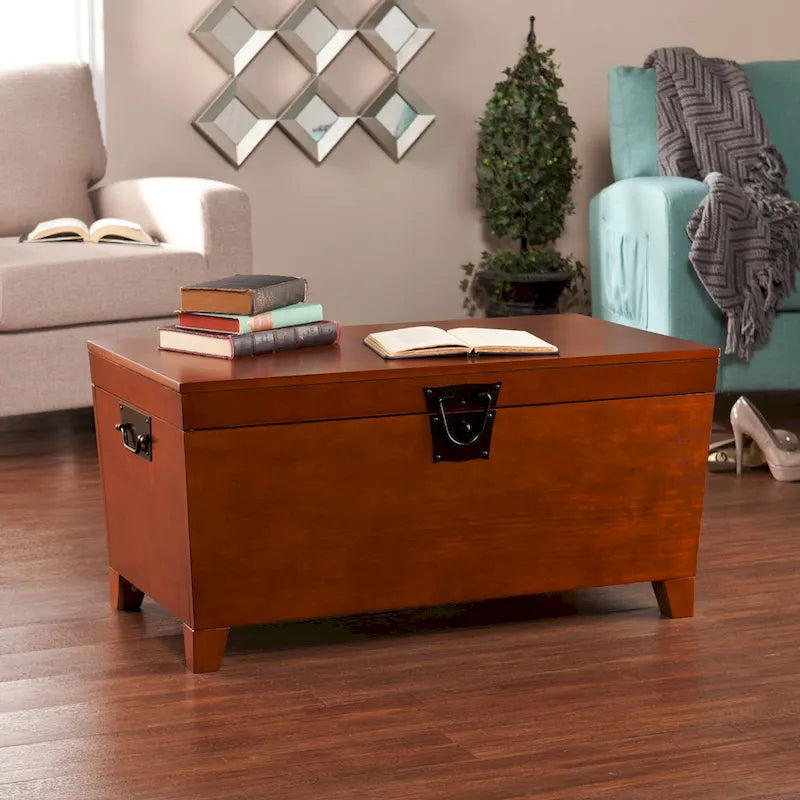 3-Piece Trunk Table Set - Mission Oak Coffee Table & 2 End Tables, Storage, Black Hardware, Pine Veneer, Safety Hinges