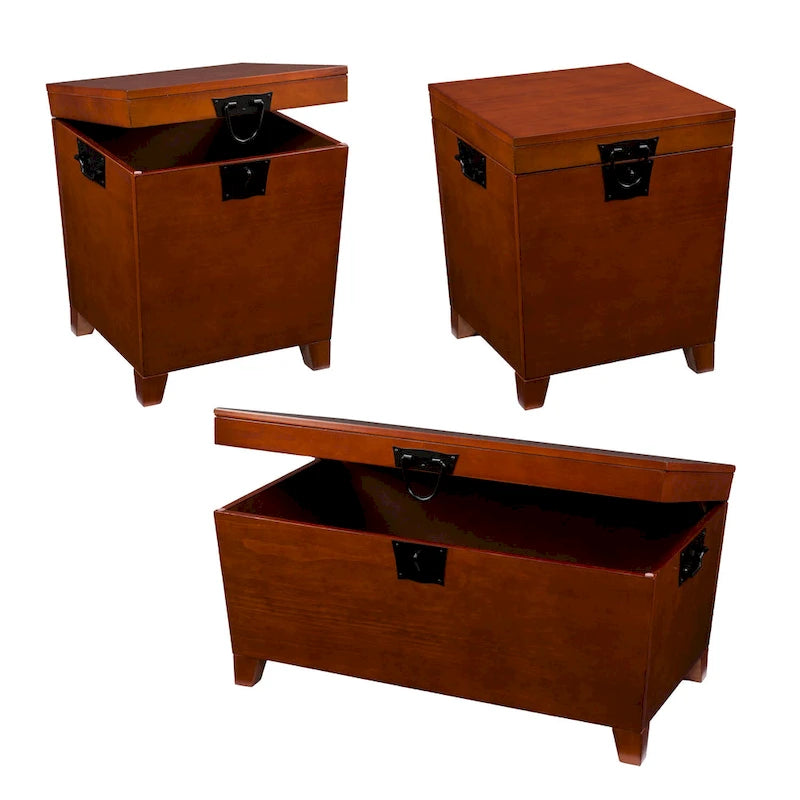 3-Piece Trunk Table Set - Mission Oak Coffee Table & 2 End Tables, Storage, Black Hardware, Pine Veneer, Safety Hinges