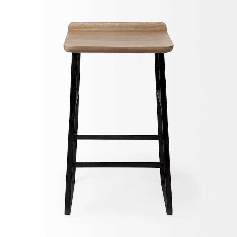 Counter Height Stool - 25"H Seat - Mango Wood - Black Metal Frame - Low Back - Contoured Seat - Footrest - 16"W x 25"H - No Assembly - Modern Industrial Style