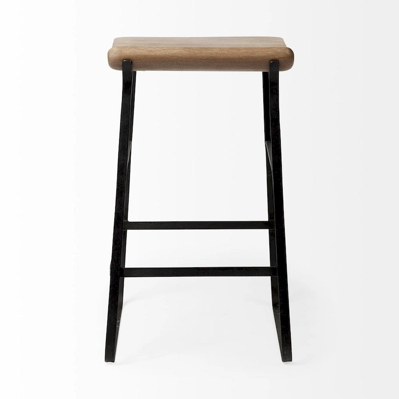 Counter Height Stool - 25"H Seat - Mango Wood - Black Metal Frame - Low Back - Contoured Seat - Footrest - 16"W x 25"H - No Assembly - Modern Industrial Style