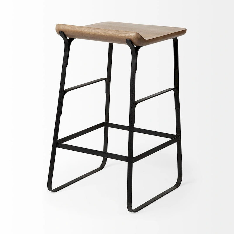 Counter Height Stool - 25"H Seat - Mango Wood - Black Metal Frame - Low Back - Contoured Seat - Footrest - 16"W x 25"H - No Assembly - Modern Industrial Style