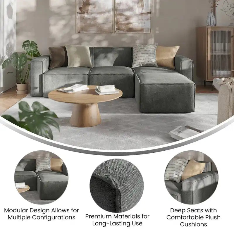 4-Piece Modular Sectional Sofa - Contemporary with Ottoman, Pocket Spring Core, Solid Wood Frame, 300 lbs Per Seat, Configurable