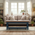 48" Farmhouse Coffee Table - Two-Tone Blue Denim & Whiskey Finish, Knotty Alder Top, 5 Caster Wheels, No Assembly, Lower Shelf