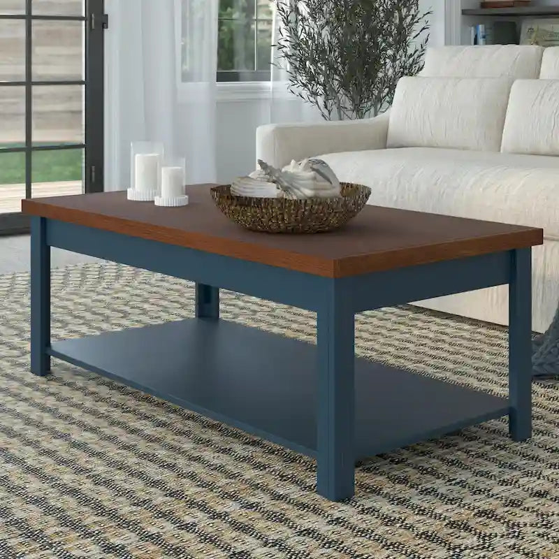 48" Farmhouse Coffee Table - Two-Tone Blue Denim & Whiskey Finish, Knotty Alder Top, 5 Caster Wheels, No Assembly, Lower Shelf