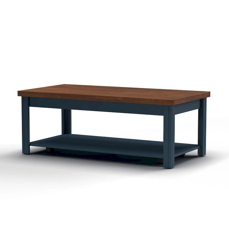 48" Farmhouse Coffee Table - Two-Tone Blue Denim & Whiskey Finish, Knotty Alder Top, 5 Caster Wheels, No Assembly, Lower Shelf
