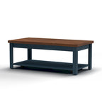 48" Farmhouse Coffee Table - Two-Tone Blue Denim & Whiskey Finish, Knotty Alder Top, 5 Caster Wheels, No Assembly, Lower Shelf