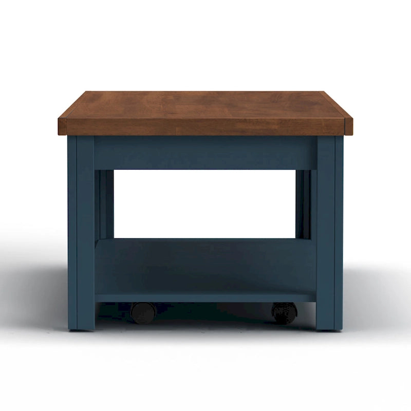 48" Farmhouse Coffee Table - Two-Tone Blue Denim & Whiskey Finish, Knotty Alder Top, 5 Caster Wheels, No Assembly, Lower Shelf