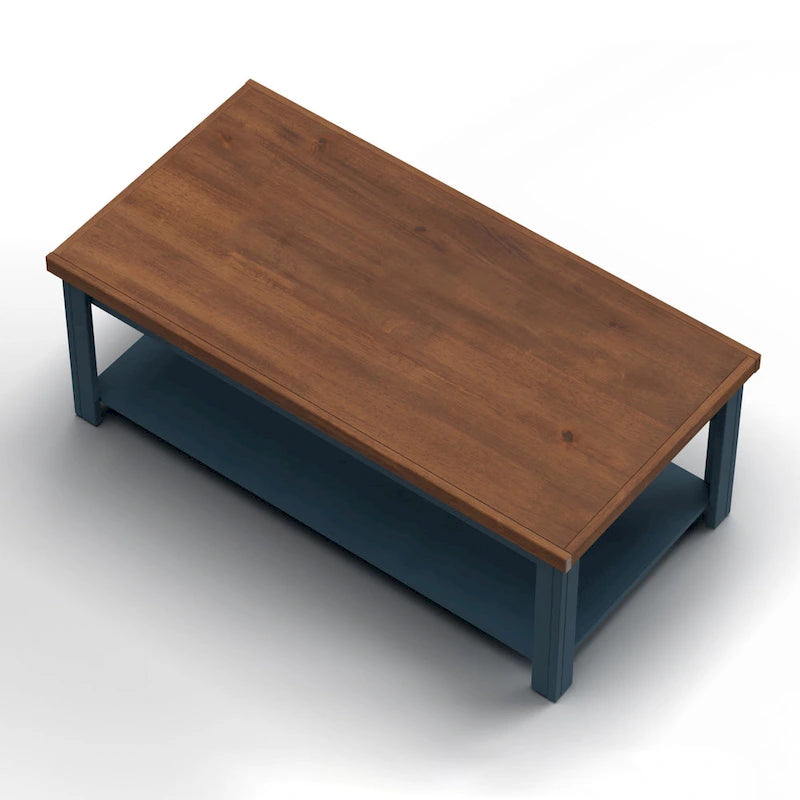 48" Farmhouse Coffee Table - Two-Tone Blue Denim & Whiskey Finish, Knotty Alder Top, 5 Caster Wheels, No Assembly, Lower Shelf