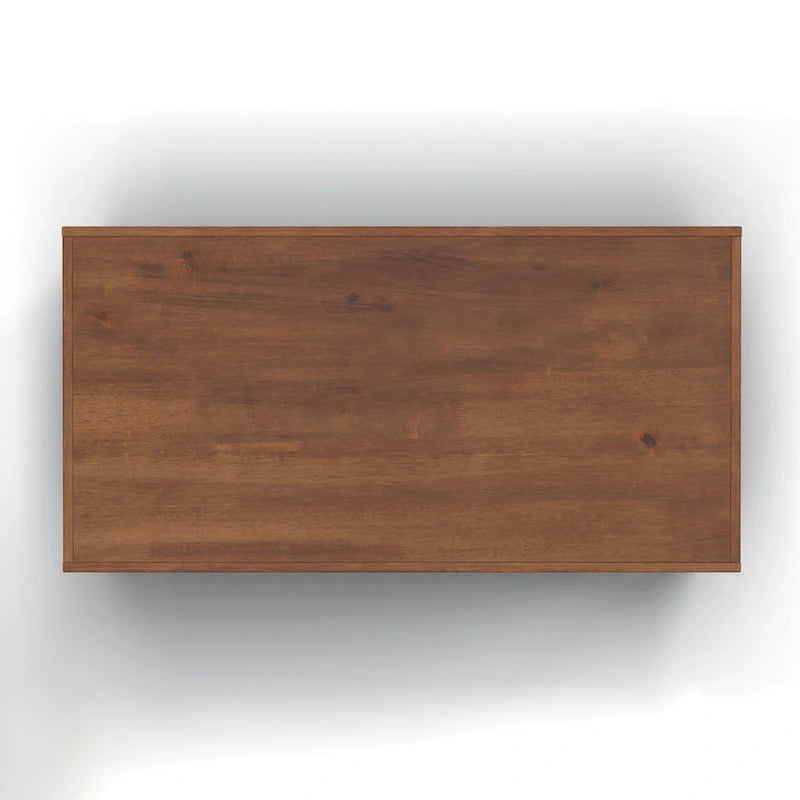 48" Farmhouse Coffee Table - Two-Tone Blue Denim & Whiskey Finish, Knotty Alder Top, 5 Caster Wheels, No Assembly, Lower Shelf